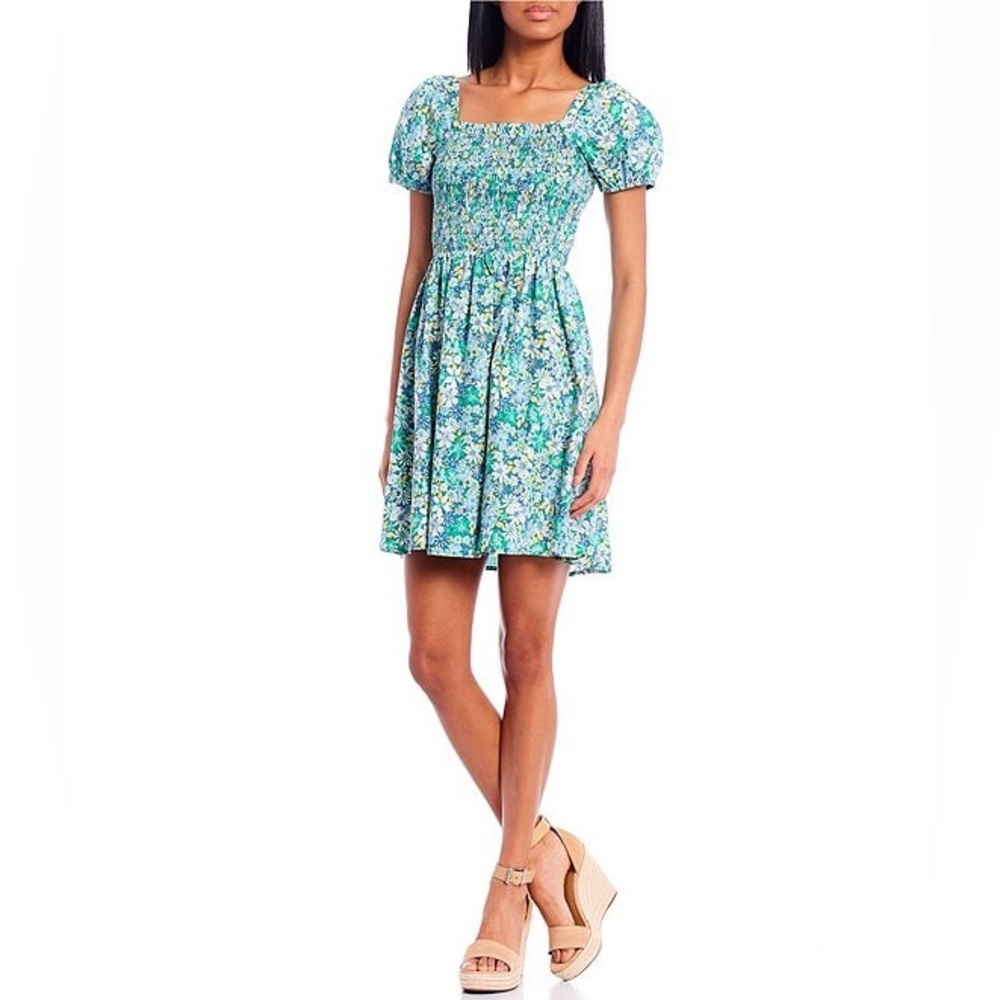 NWT copper Key Textured Puff Sleeve Smocked Floral Dress